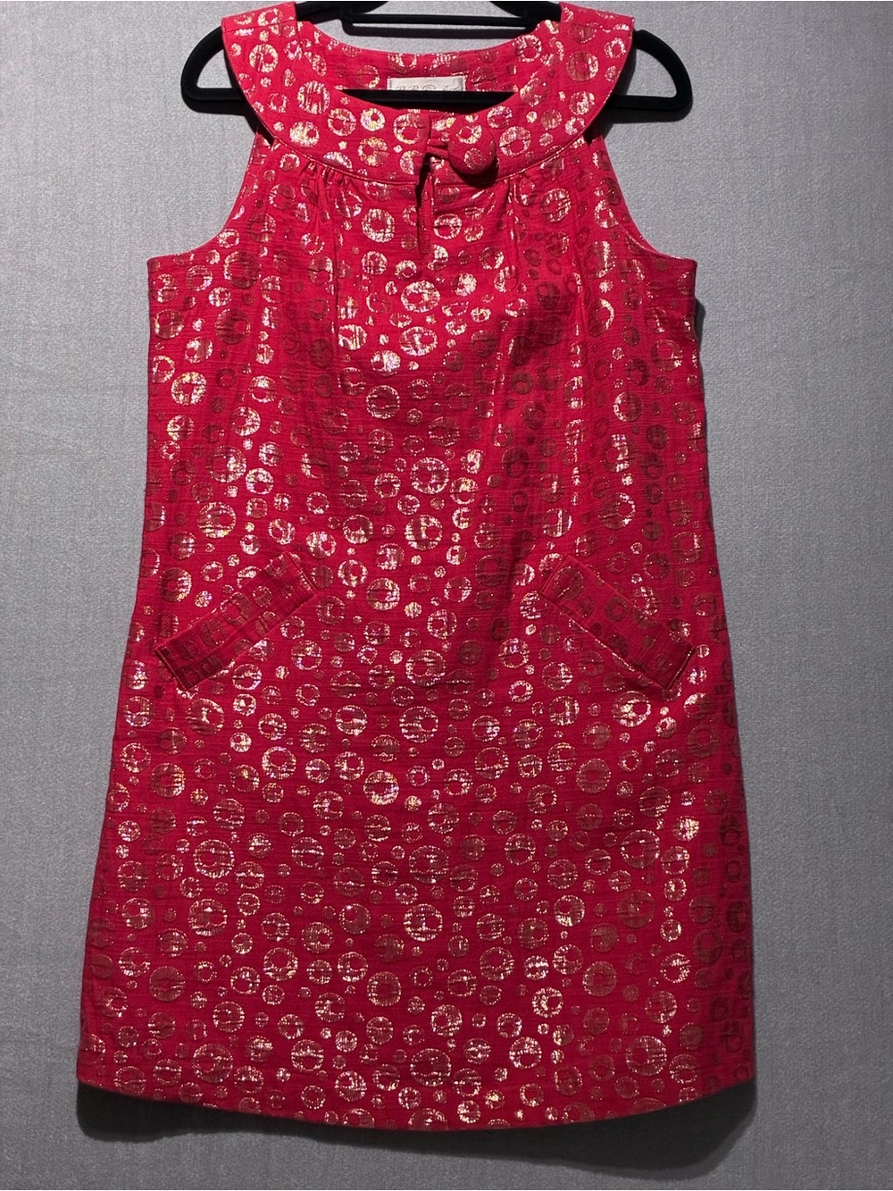 BB Dakota Mod Metallic Red & Gold Circle Shift Dress Pockets M